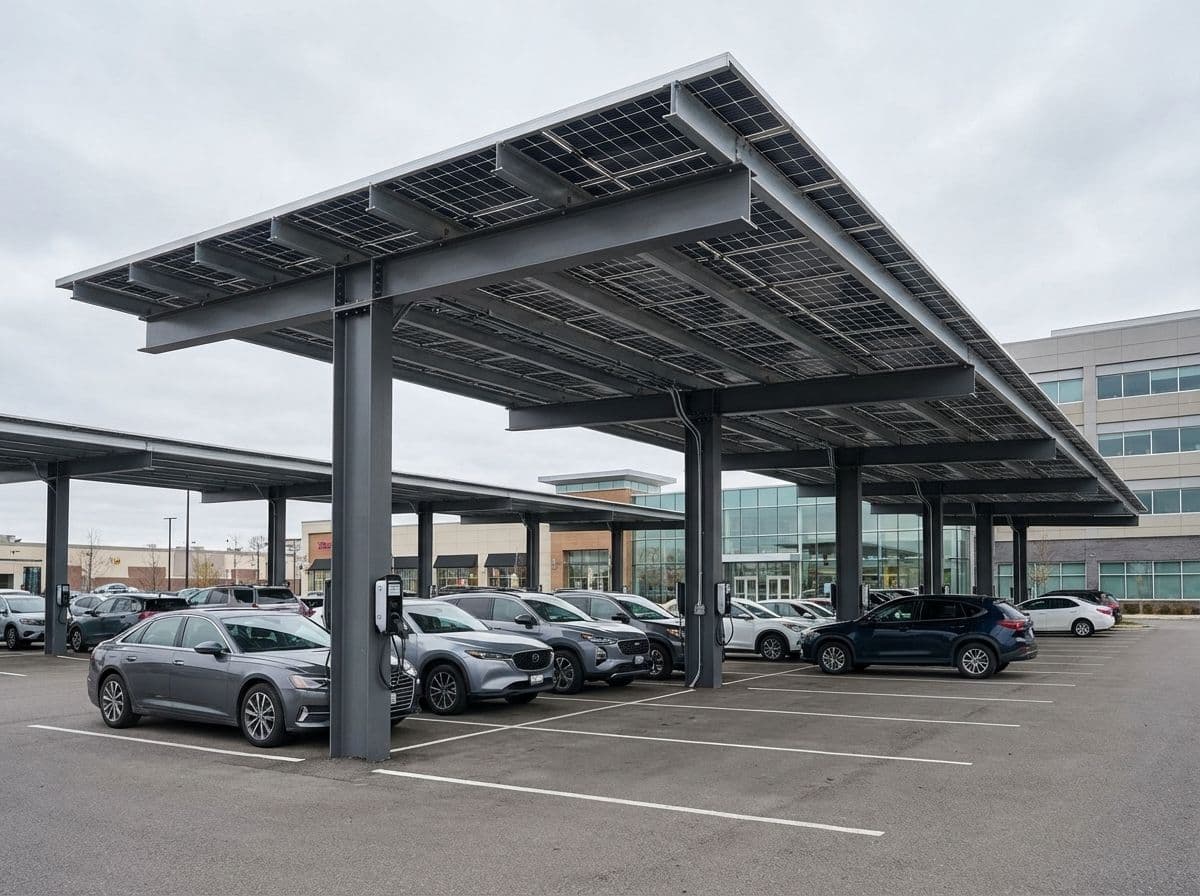 Titan MAX steel cantilever solar carport with vehicles parked underneath