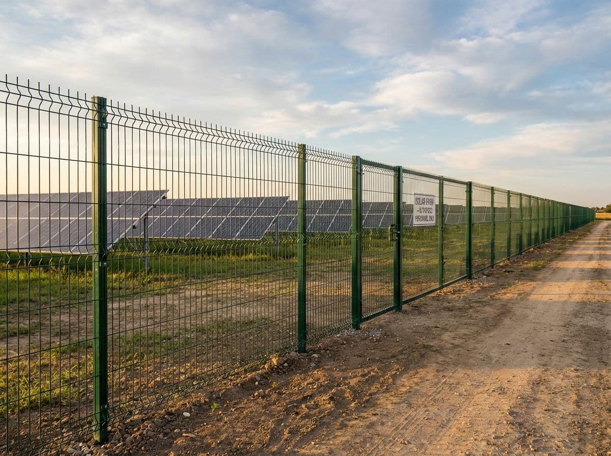 Welded wire mesh fence around solar farm perimeter