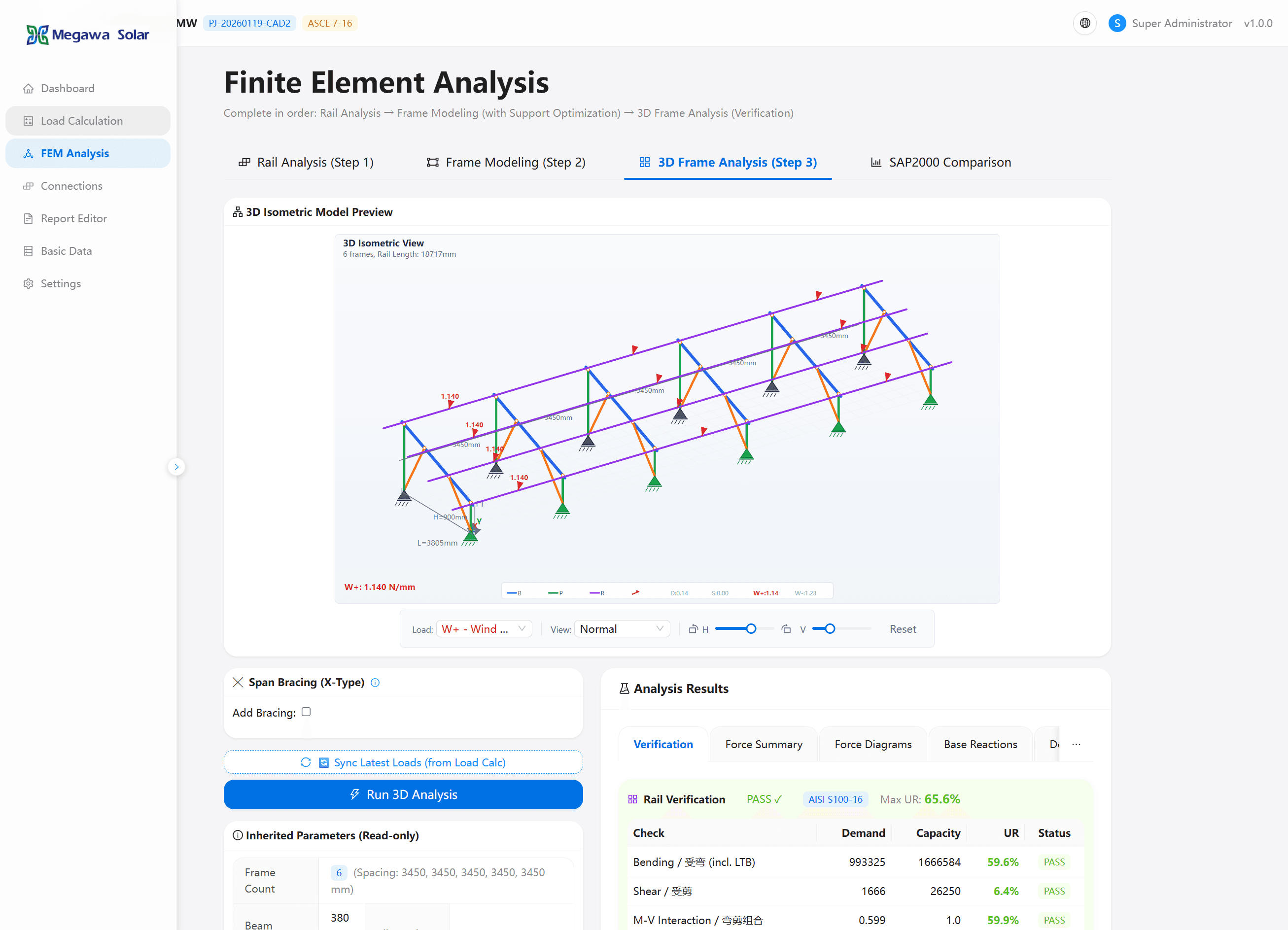 Megawa FEM Analysis module β 3D frame model with structural verification results