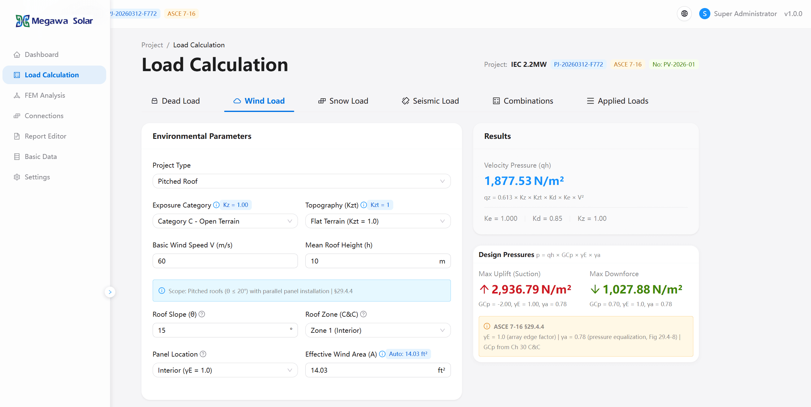 Megawa Load Calculation module β wind load parameters and design pressure results per ASCE 7-16